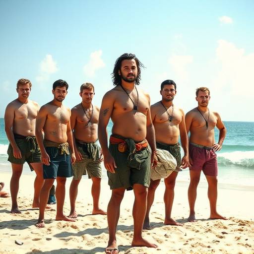 A group of contestants standing on a beach, looking determined, from Survivor.