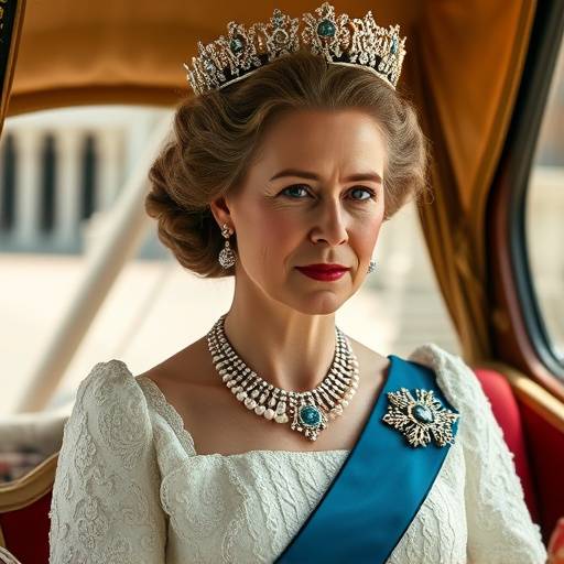 Claire Foy as Queen Elizabeth II sitting in a royal carriage.