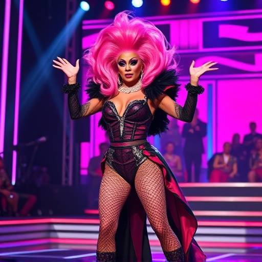 RuPaul in full drag, striking a pose on the RuPaul's Drag Race stage.