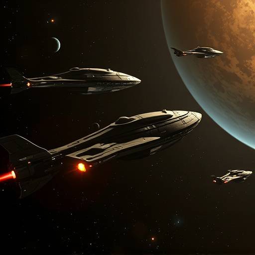 Still from Battlestar Galactica, showing starships in space.