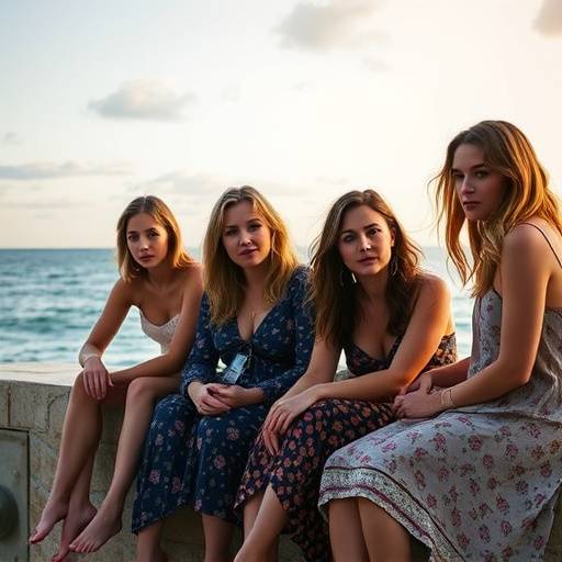 The main female cast standing together by the sea in Big Little Lies.