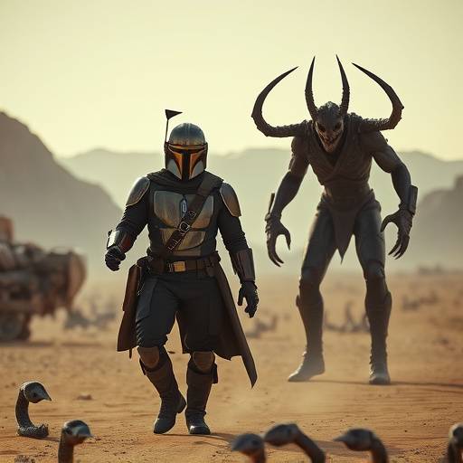 The Mandalorian and Grogu standing together in a desert landscape.